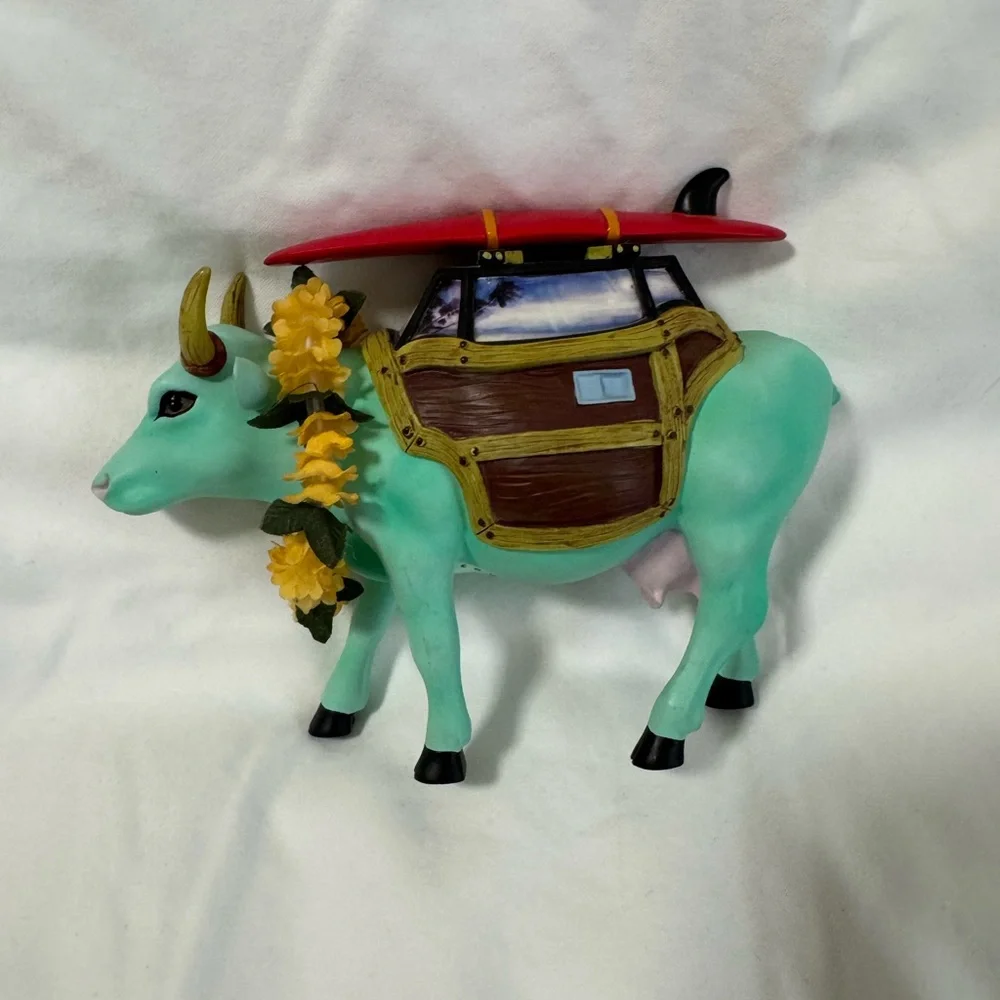 Mint Green Cow Figurine with Surfboard – Cute Beachy Novelty Decor